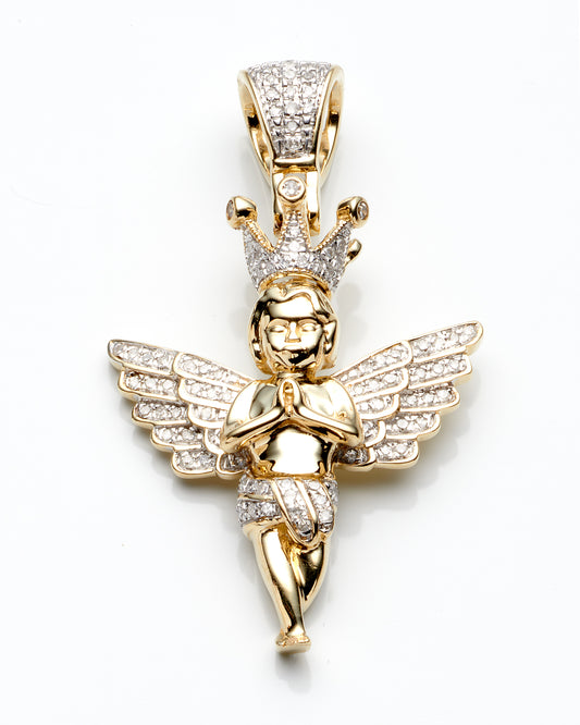 0.20Ctw 10K Yellow Gold Angel W Crown Style Pendant 2.6Dwt